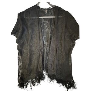 Mixit Womens Black Sheer Lace Paisley Kimono Fringe Wrap One Size Open Front